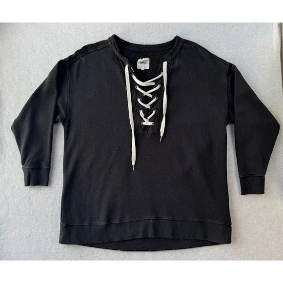 Aerie MED Oversized Sweatshirt Laced Neck Black Relaxed Fit Sporty Lounge‎ Comfy - Picture 2 of 11